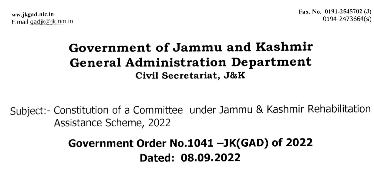 Constitution of a Committee under Jammu and Kashmir Rehabilitation Assistance Scheme 2022